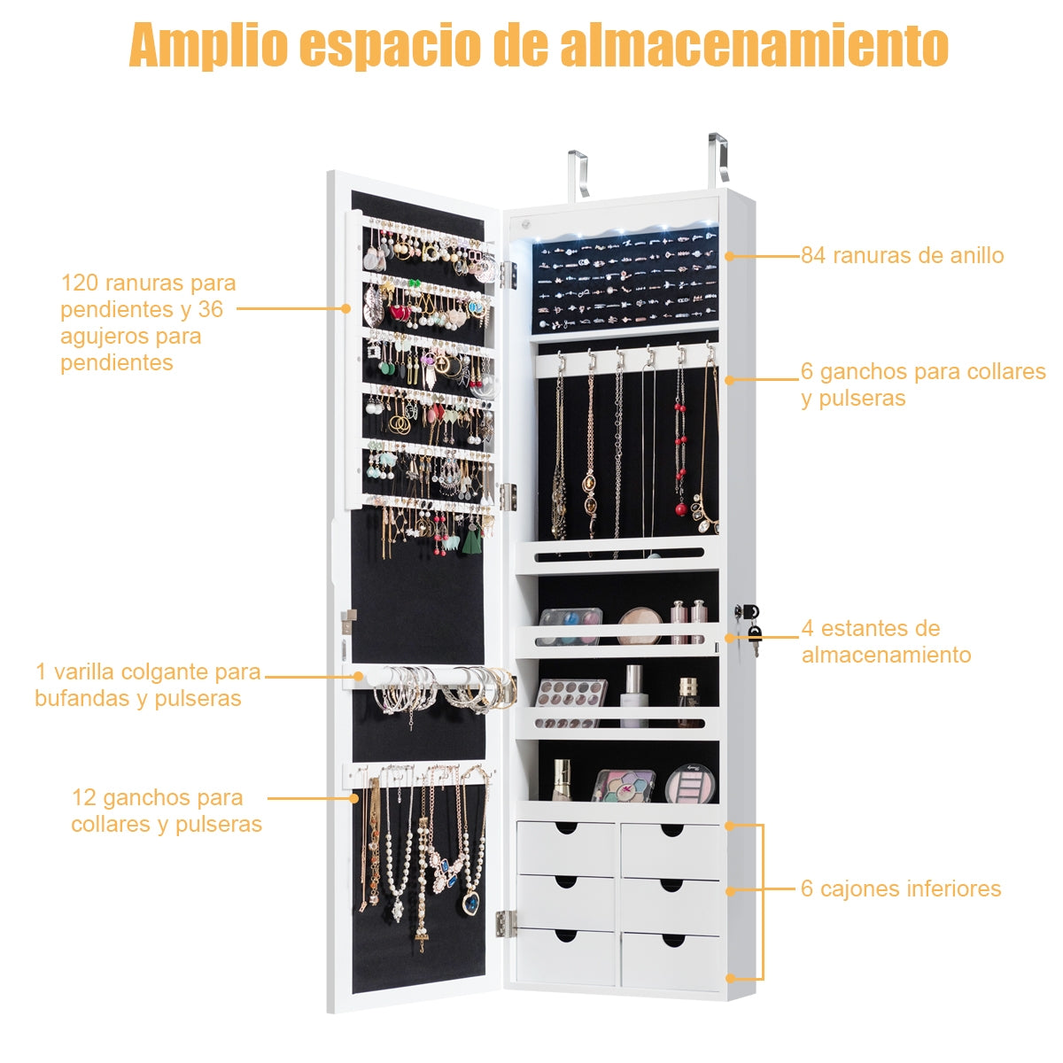 Armario para Joyas con Espejo Iluminación LED Cerradura Estante para Joyero Organizador Montar en Puerta y Pared 36,5 x 11,5 x 120 cm Blanco