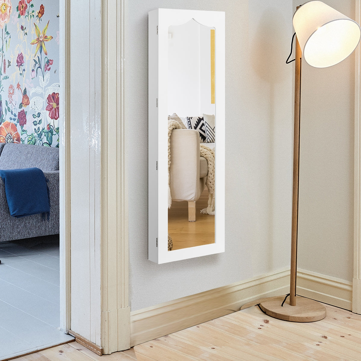 Armario para Joyas con Espejo Iluminación LED Cerradura Estante para Joyero Organizador Montar en Puerta y Pared 36,5 x 11,5 x 120 cm Blanco