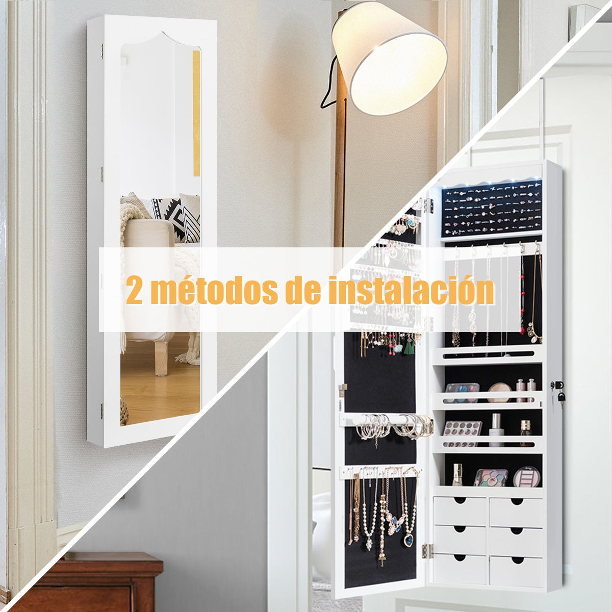 Armario para Joyas con Espejo Iluminación LED Cerradura Estante para Joyero Organizador Montar en Puerta y Pared 36,5 x 11,5 x 120 cm Blanco