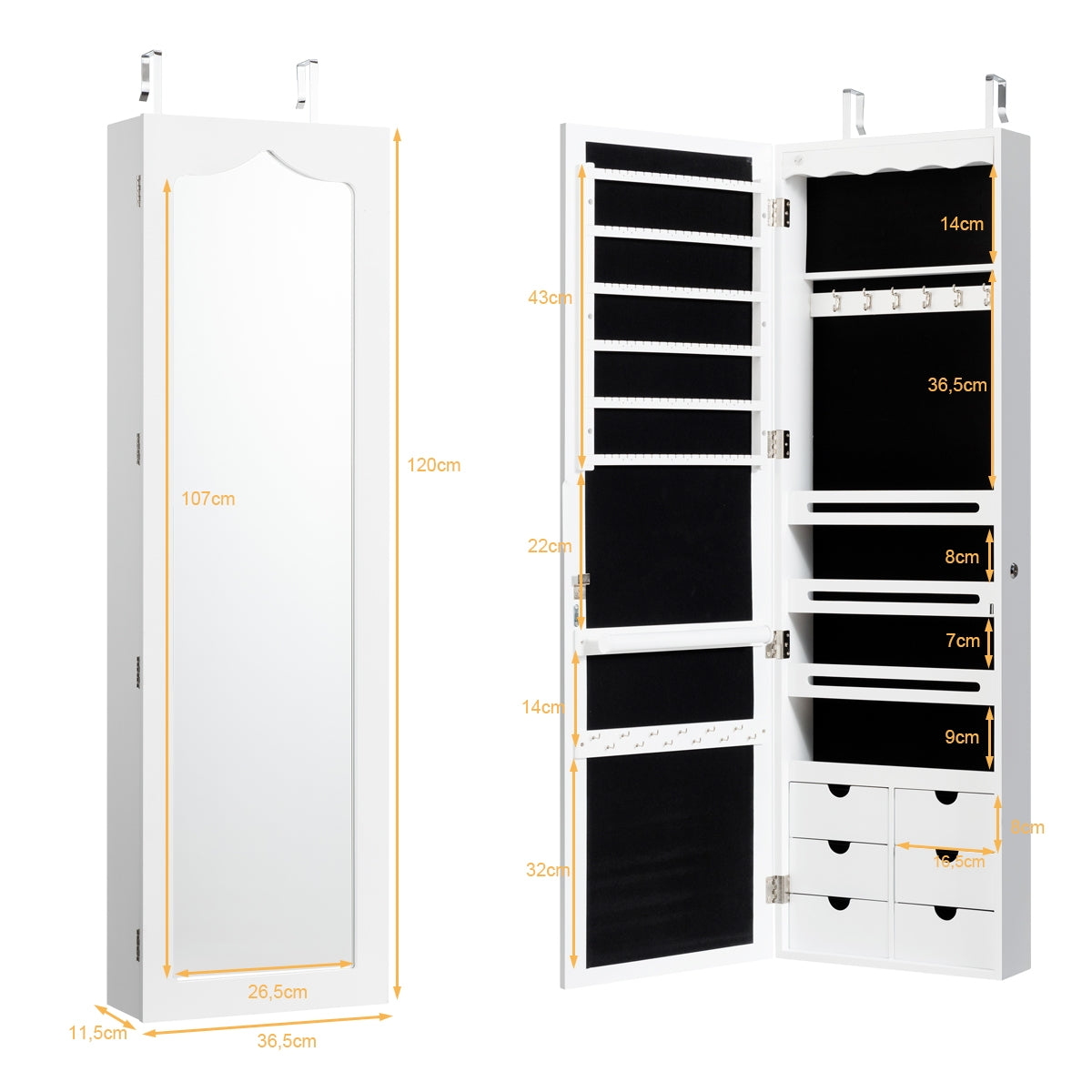 Armario para Joyas con Espejo Iluminación LED Cerradura Estante para Joyero Organizador Montar en Puerta y Pared 36,5 x 11,5 x 120 cm Blanco