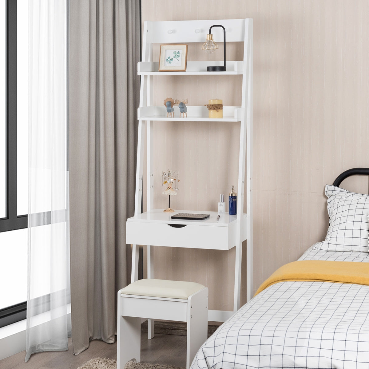 Mesa para Maquillaje con Espejo Taburete Acolchonado Tocador para Habitación Dormitorio 61,5 x 40 x 180 cm Blanco