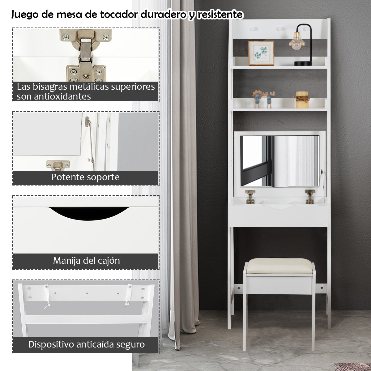 Mesa para Maquillaje con Espejo Taburete Acolchonado Tocador para Habitación Dormitorio 61,5 x 40 x 180 cm Blanco