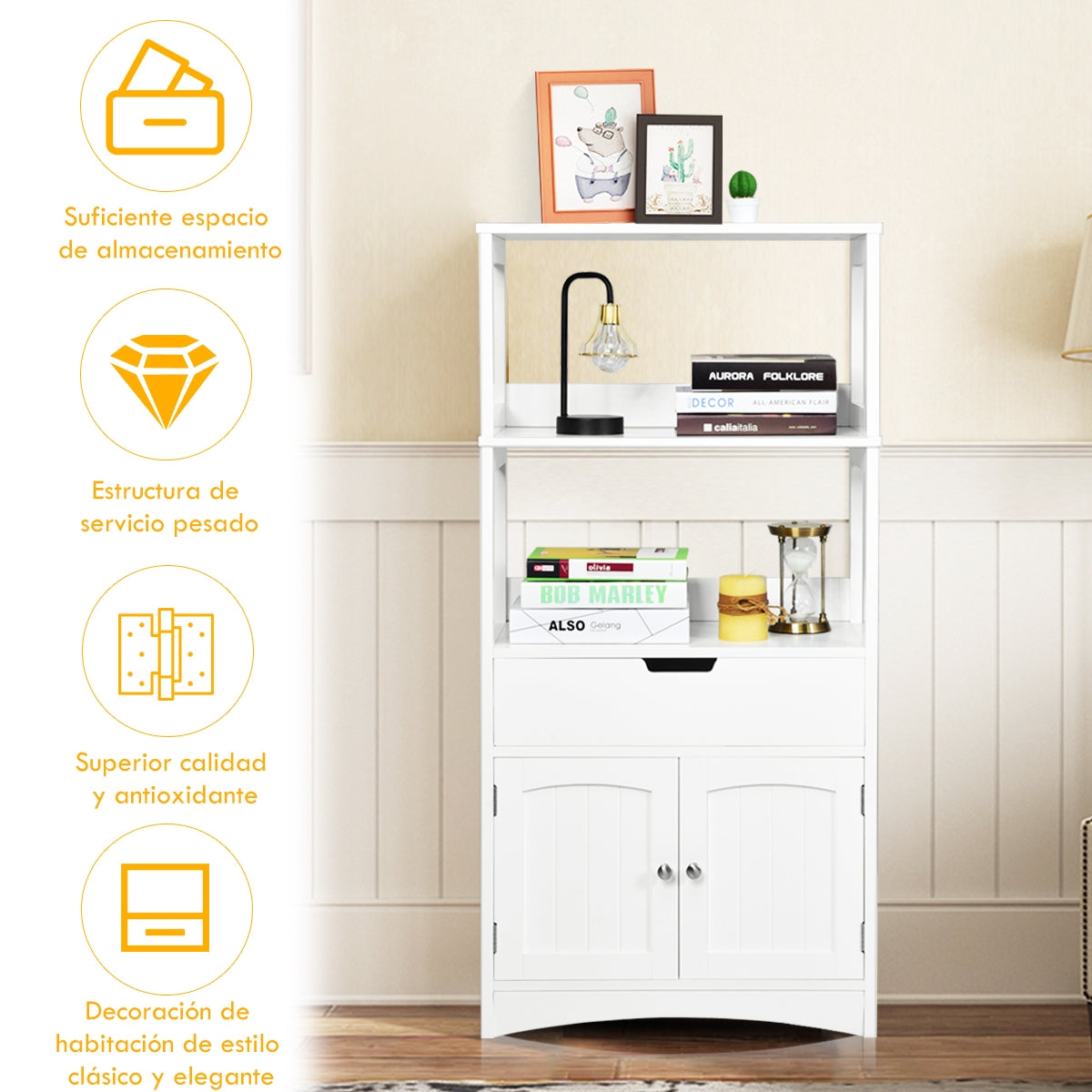 Armario de Baño con 3 Estanterías 1 Cajón 1 Gabinete de Almacenamiento Toalla Champú Gel Organizador para Cocina 60 x 32,5 x 122 cm Blanco