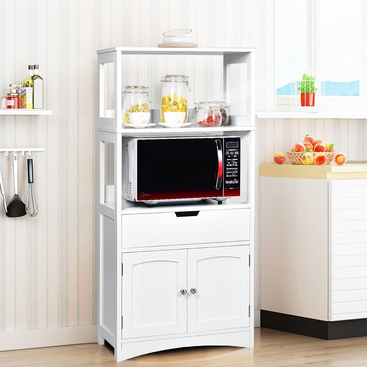 Armario de Baño con 3 Estanterías 1 Cajón 1 Gabinete de Almacenamiento Toalla Champú Gel Organizador para Cocina 60 x 32,5 x 122 cm Blanco