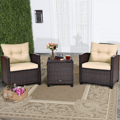 Set 3 Piezas Muebles Conversación de Patio Sofá en Ratán de Exterior con Cojín Lavable para Jardín Piscina Balcón Marrón 67 x 67 x 76 cm