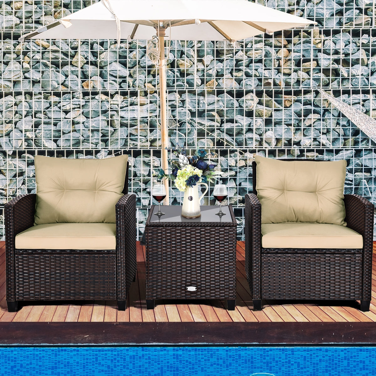 Set 3 Piezas Muebles Conversación de Patio Sofá en Ratán de Exterior con Cojín Lavable para Jardín Piscina Balcón Marrón 67 x 67 x 76 cm