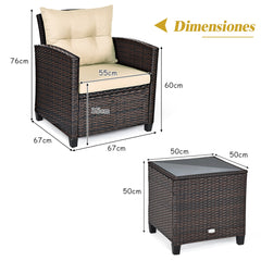 Set 3 Piezas Muebles Conversación de Patio Sofá en Ratán de Exterior con Cojín Lavable para Jardín Piscina Balcón Marrón 67 x 67 x 76 cm