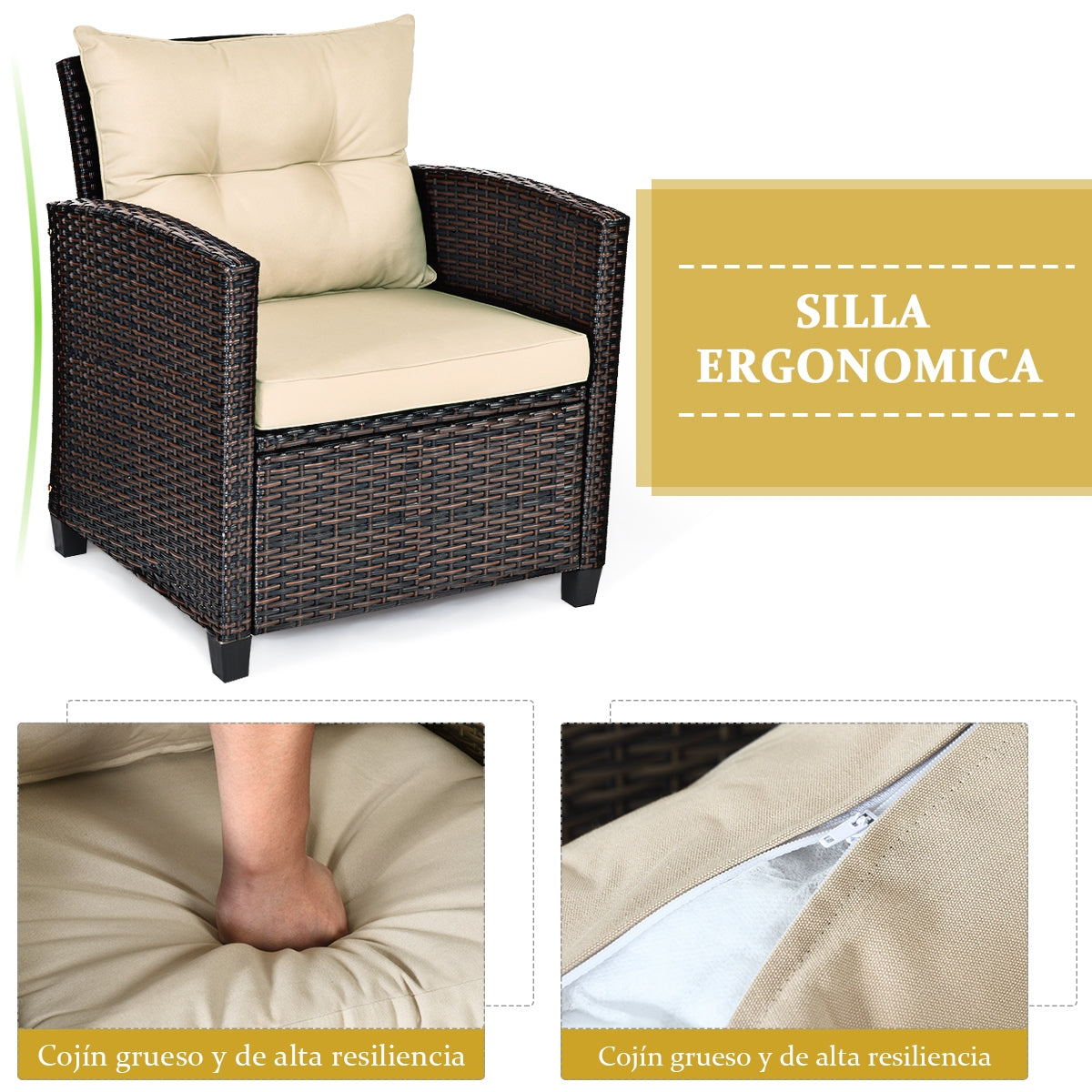 Set 3 Piezas Muebles Conversación de Patio Sofá en Ratán de Exterior con Cojín Lavable para Jardín Piscina Balcón Marrón 67 x 67 x 76 cm