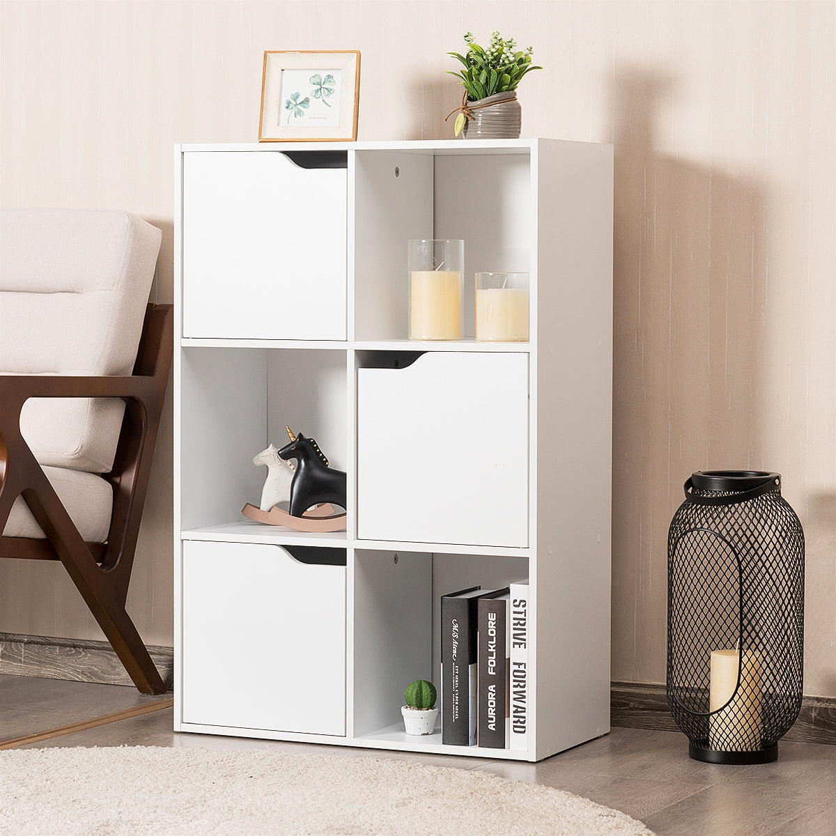 Armario de 6 Cubos y Puertas para Casa Oficina y Librería con 3 Niveles para Libros Juguetes y Decoraciones Blanco 60 x 29 x 89,5 cm