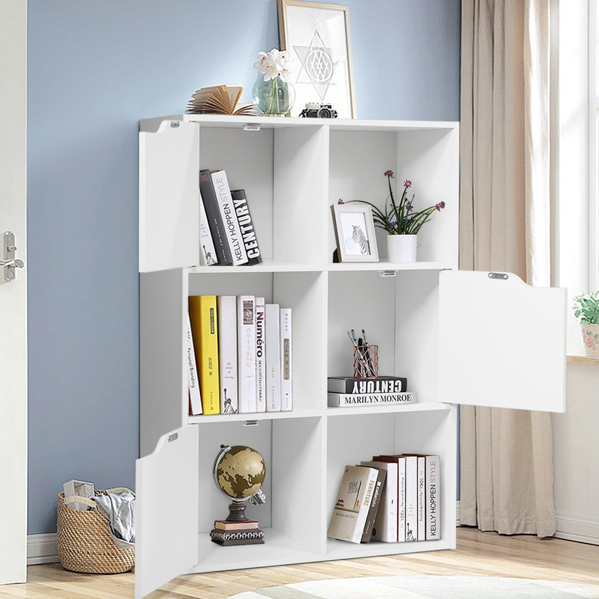 Armario de 6 Cubos y Puertas para Casa Oficina y Librería con 3 Niveles para Libros Juguetes y Decoraciones Blanco 60 x 29 x 89,5 cm