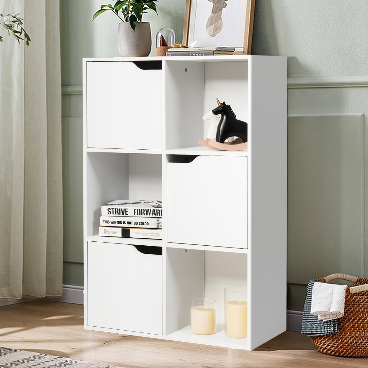Armario de 6 Cubos y Puertas para Casa Oficina y Librería con 3 Niveles para Libros Juguetes y Decoraciones Blanco 60 x 29 x 89,5 cm