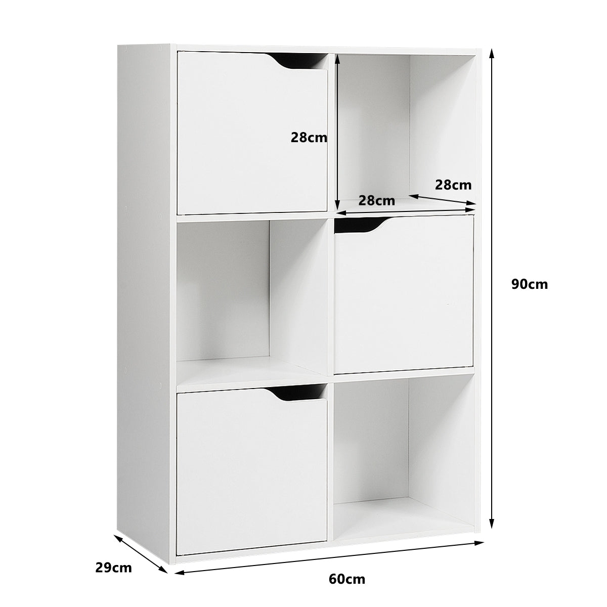 Armario de 6 Cubos y Puertas para Casa Oficina y Librería con 3 Niveles para Libros Juguetes y Decoraciones Blanco 60 x 29 x 89,5 cm
