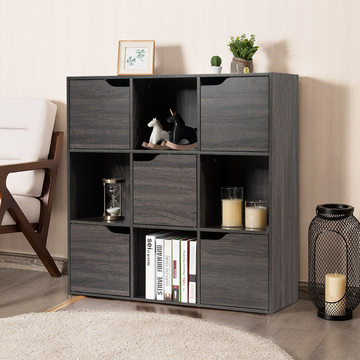 Librería con 9 Compartimentos Estantería con Estante para Archivos Libro Plantas para Hogar Oficina Salón Gris Oscuro 90 x 29 x 90 cm
