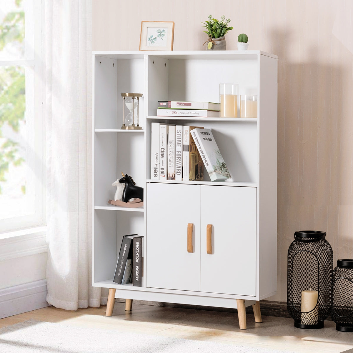 Librería de Madera con Dos Puertas con Patas de Madera para Casa Oficina Blanco 80 x 24 x 119 cm