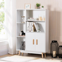Librería de Madera con Dos Puertas con Patas de Madera para Casa Oficina Blanco 80 x 24 x 119 cm