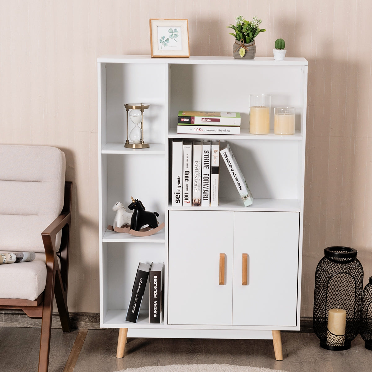 Librería de Madera con Dos Puertas con Patas de Madera para Casa Oficina Blanco 80 x 24 x 119 cm