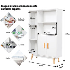 Librería de Madera con Dos Puertas con Patas de Madera para Casa Oficina Blanco 80 x 24 x 119 cm