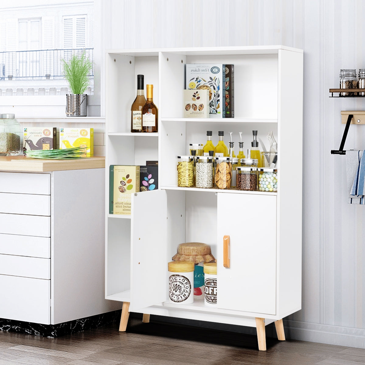 Librería de Madera con Dos Puertas con Patas de Madera para Casa Oficina Blanco 80 x 24 x 119 cm