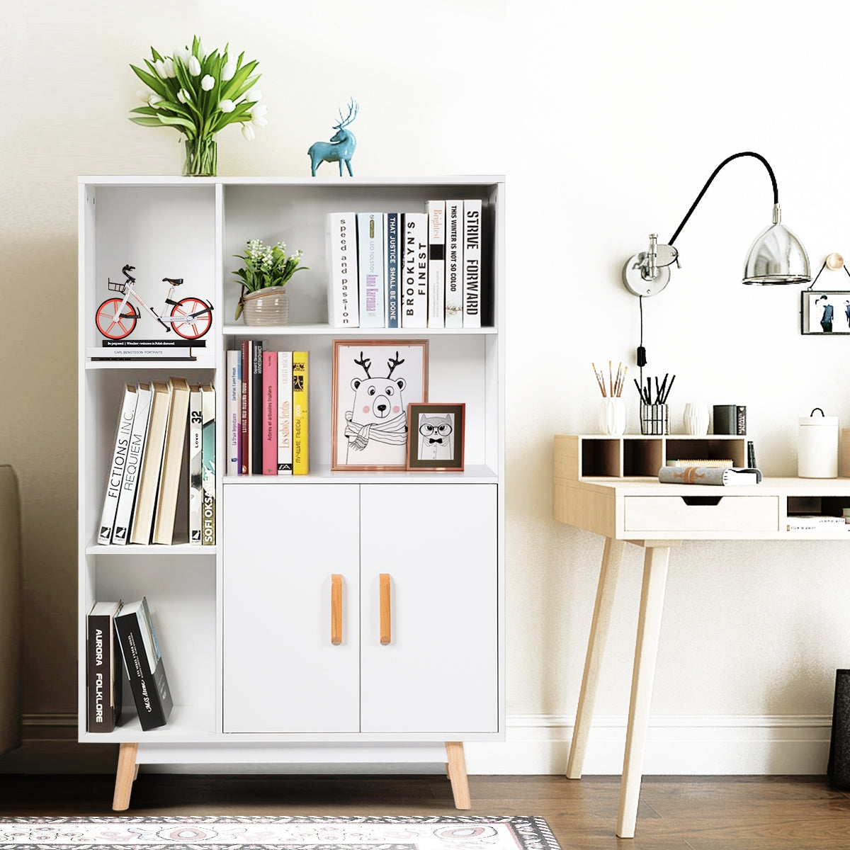 Librería de Madera con Dos Puertas con Patas de Madera para Casa Oficina Blanco 80 x 24 x 119 cm