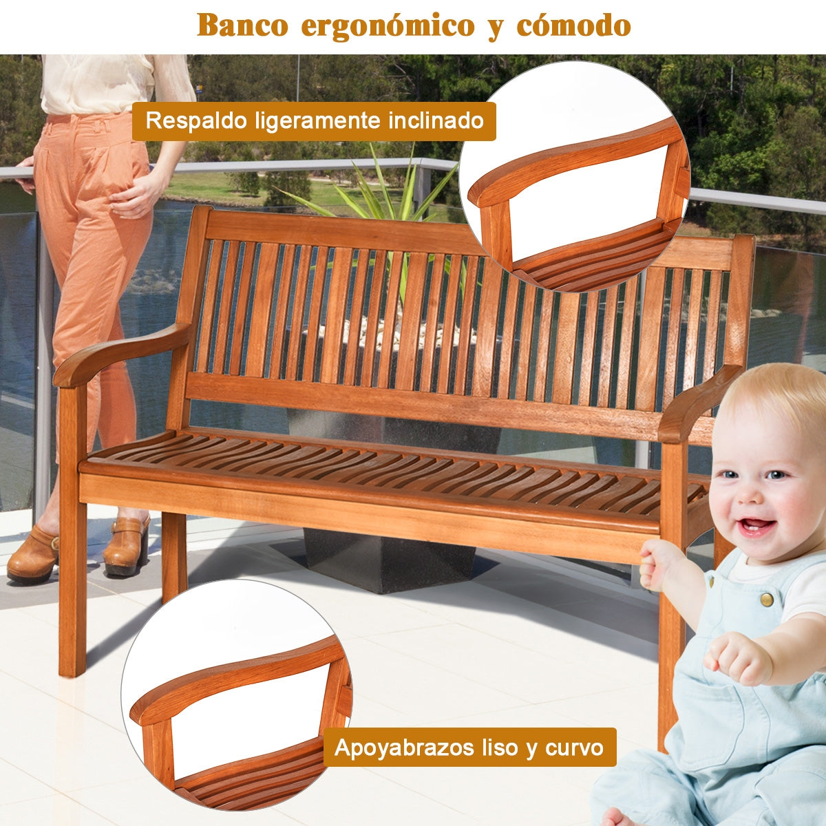 Banco de Madera para 2 Personas con Respaldo Curvo y Reposabrazos Amplios para Patio Veranda Piscina Balcón 126 x 63 x 91 cm