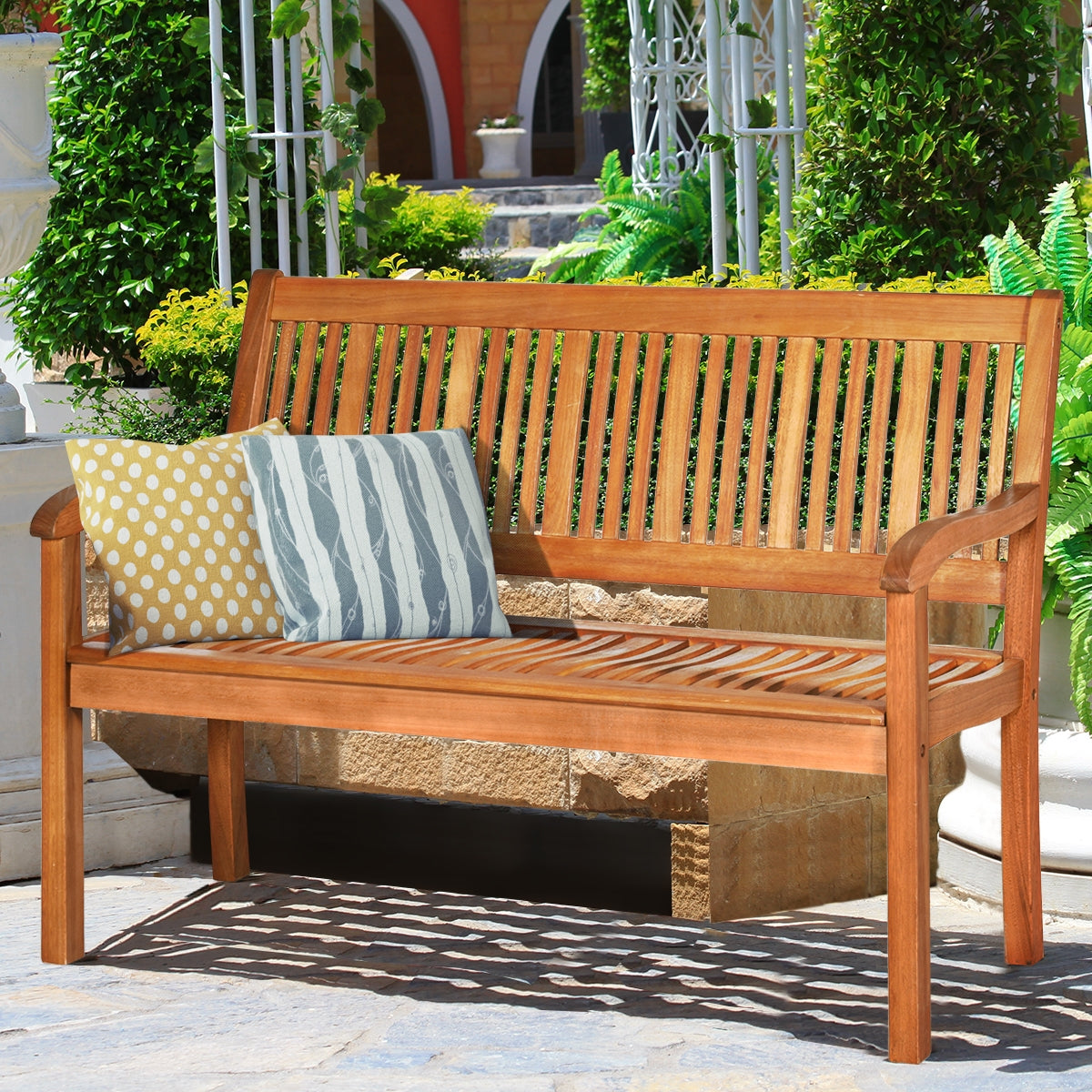 Banco de Madera para 2 Personas con Respaldo Curvo y Reposabrazos Amplios para Patio Veranda Piscina Balcón 126 x 63 x 91 cm