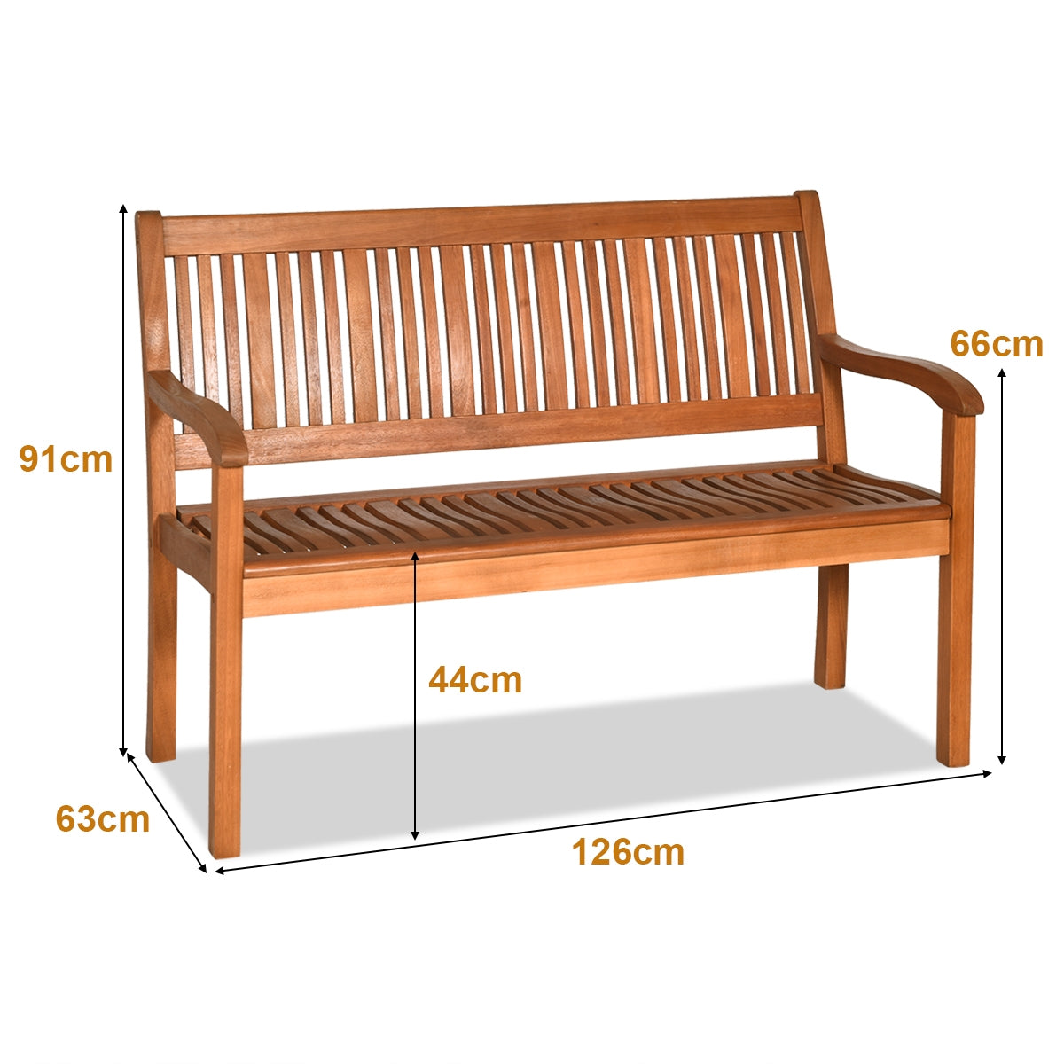 Banco de Madera para 2 Personas con Respaldo Curvo y Reposabrazos Amplios para Patio Veranda Piscina Balcón 126 x 63 x 91 cm