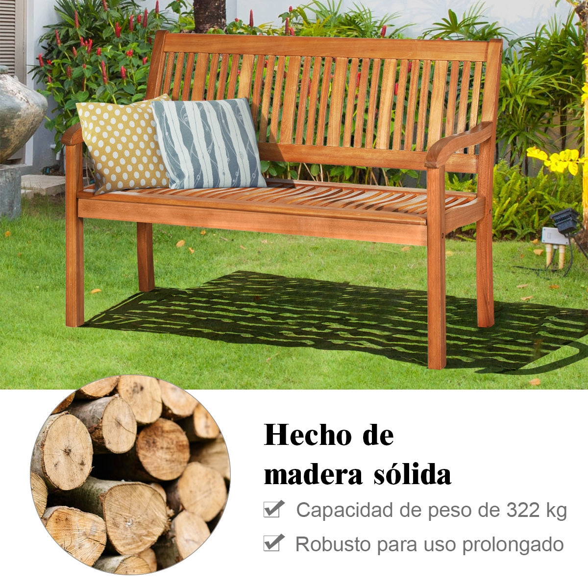Banco de Madera para 2 Personas con Respaldo Curvo y Reposabrazos Amplios para Patio Veranda Piscina Balcón 126 x 63 x 91 cm