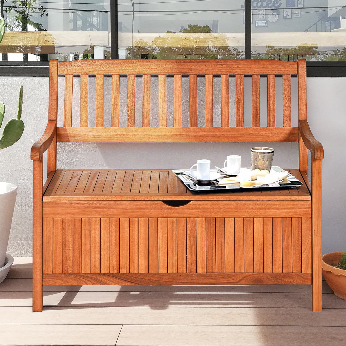 Banco Contenedor de Madera para Exterior Banco con Revestimiento Interno Removible para Patio Jardín Balcón Salón 107 x 59 x 90 cm Teca