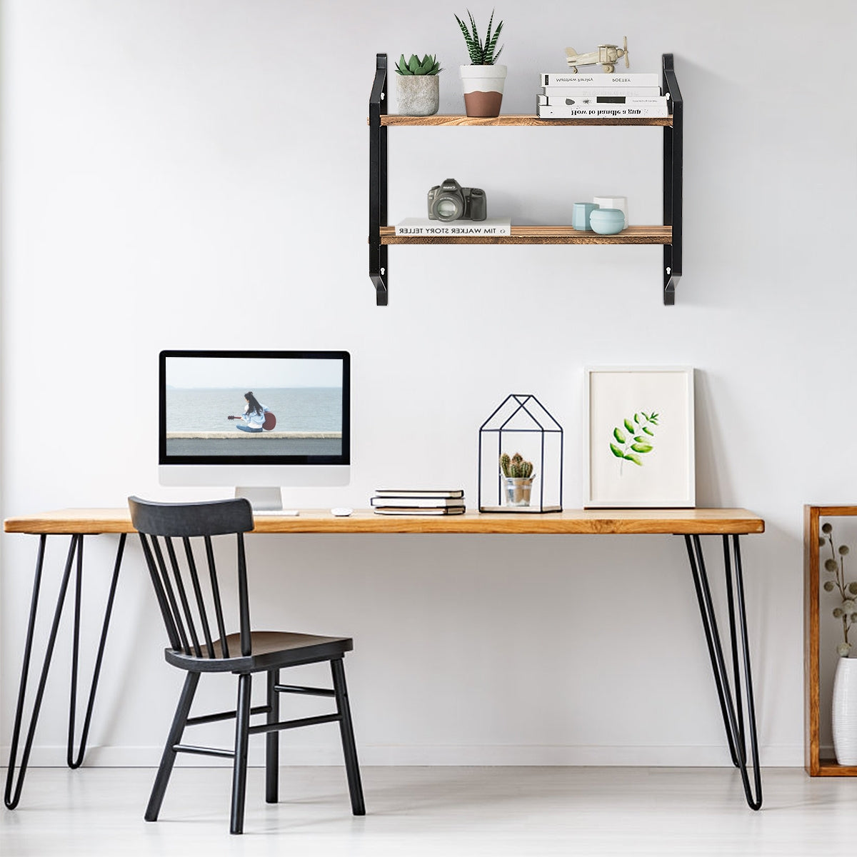 Estante Rústico con 2 Niveles Fácil de Montar para Almacén Cocina Salón Dormitorio Baño 60 x 15 x 51 cm