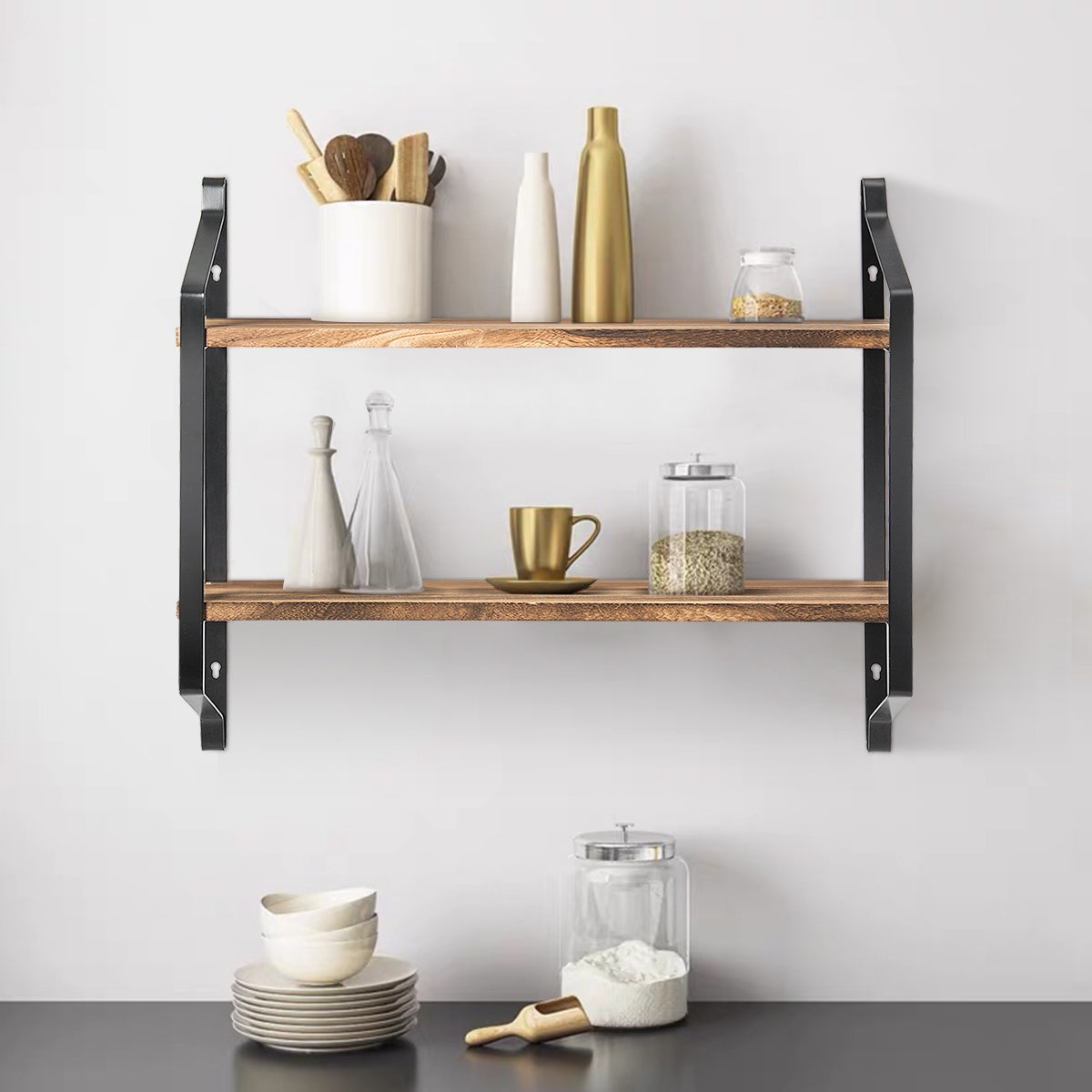 Estante Rústico con 2 Niveles Fácil de Montar para Almacén Cocina Salón Dormitorio Baño 60 x 15 x 51 cm