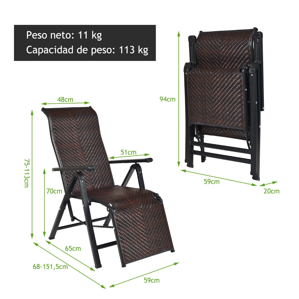 Set de 2 Tumbonas de Ratán de Exterior Silla Reclinable Plegable con Respaldo Regulable para Jardín Patio Playa Interior Marrón