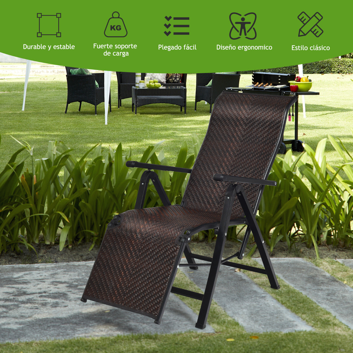 Set de 2 Tumbonas de Ratán de Exterior Silla Reclinable Plegable con Respaldo Regulable para Jardín Patio Playa Interior Marrón