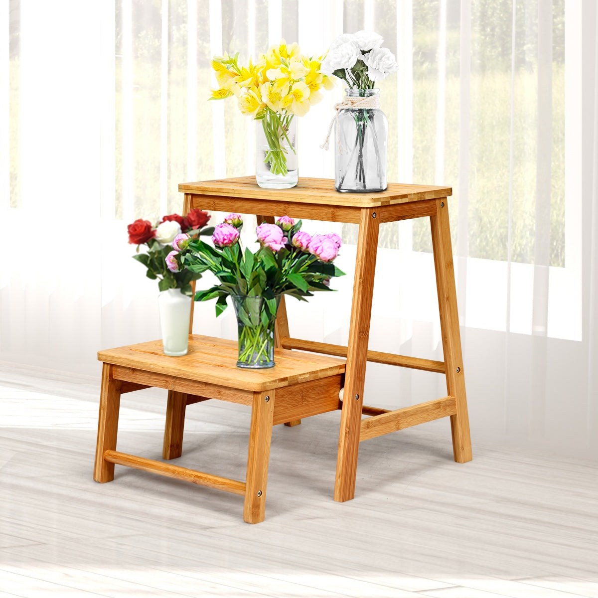 Taburete Plegable de Bambú con 2 Niveles Ranura Antideslizante y Pedal Amplio para Biblioteca y Casa Hasta 100 kg 45 x 51 x 48 cm