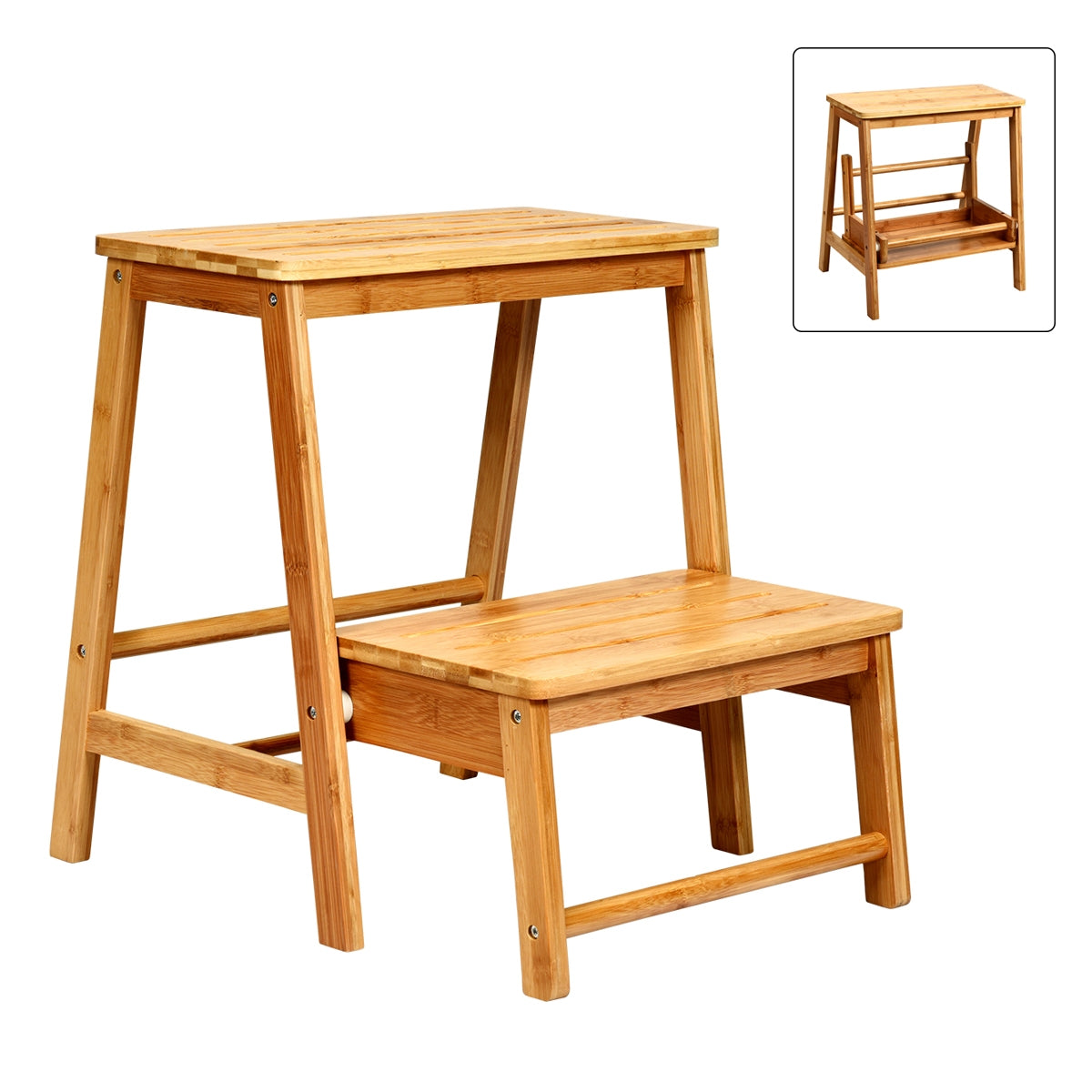 Taburete Plegable de Bambú con 2 Niveles Ranura Antideslizante y Pedal Amplio para Biblioteca y Casa Hasta 100 kg 45 x 51 x 48 cm