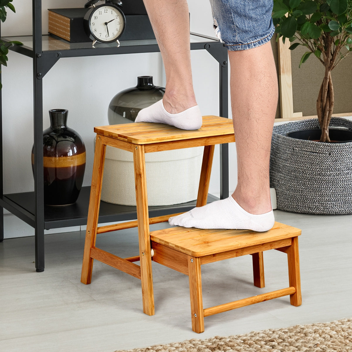 Taburete Plegable de Bambú con 2 Niveles Ranura Antideslizante y Pedal Amplio para Biblioteca y Casa Hasta 100 kg 45 x 51 x 48 cm