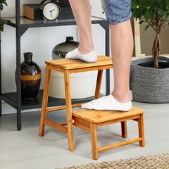 Taburete Plegable de Bambú con 2 Niveles Ranura Antideslizante y Pedal Amplio para Biblioteca y Casa Hasta 100 kg 45 x 51 x 48 cm