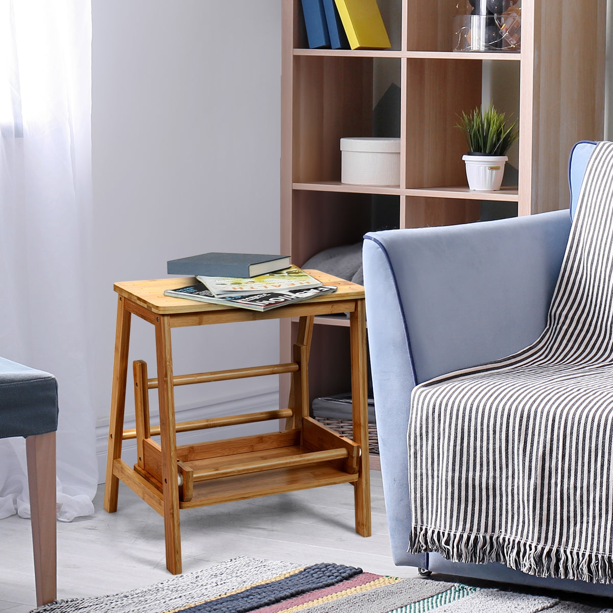 Taburete Plegable de Bambú con 2 Niveles Ranura Antideslizante y Pedal Amplio para Biblioteca y Casa Hasta 100 kg 45 x 51 x 48 cm