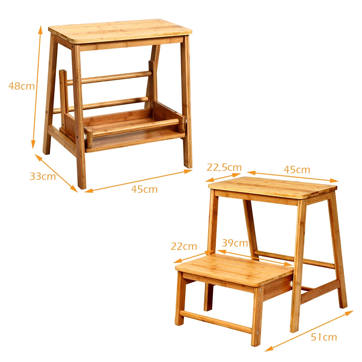 Taburete Plegable de Bambú con 2 Niveles Ranura Antideslizante y Pedal Amplio para Biblioteca y Casa Hasta 100 kg 45 x 51 x 48 cm