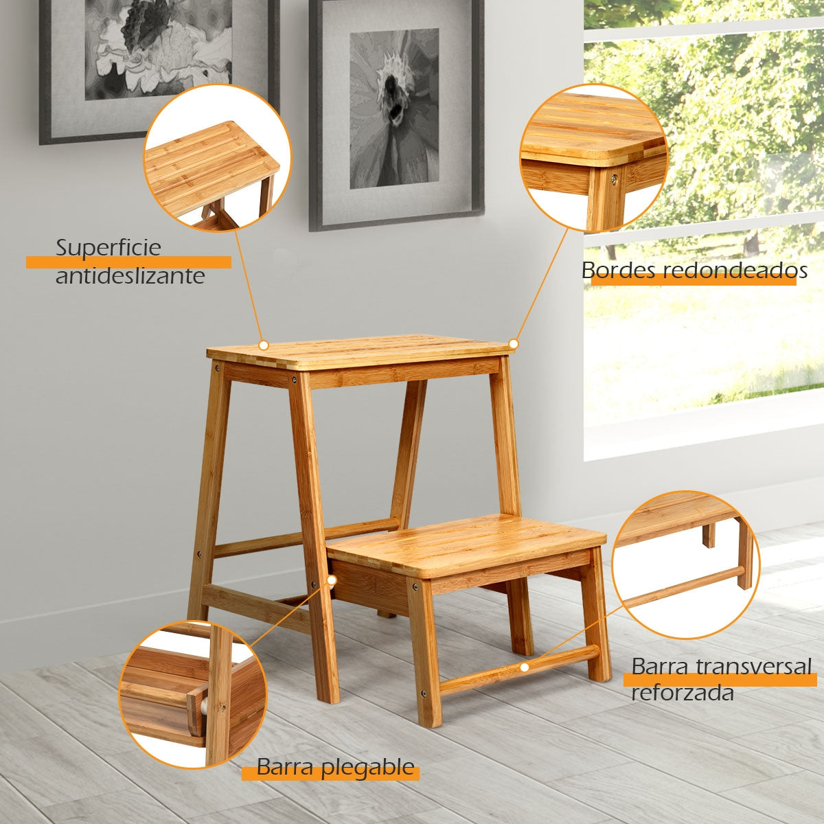 Taburete Plegable de Bambú con 2 Niveles Ranura Antideslizante y Pedal Amplio para Biblioteca y Casa Hasta 100 kg 45 x 51 x 48 cm