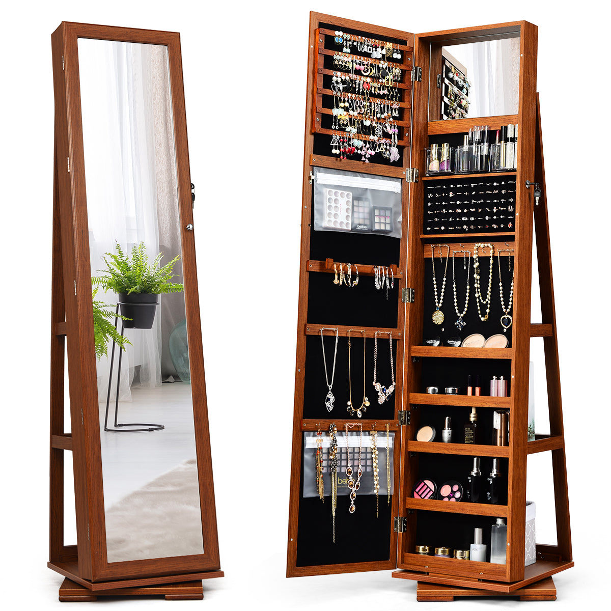 Armario Joyero Giratorio a 360° con Espejo Entero Organizador Joyas con Espejo para Maquillarse Marrón 38 x 38 x 161 cm