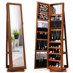 Armario Joyero Giratorio a 360° con Espejo Entero Organizador Joyas con Espejo para Maquillarse Marrón 38 x 38 x 161 cm