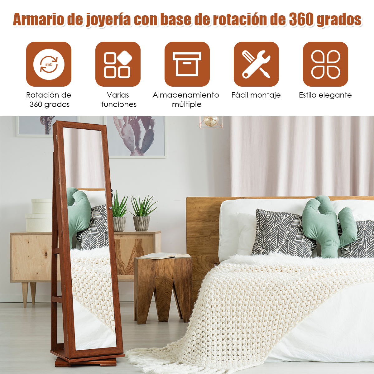 Armario Joyero Giratorio a 360° con Espejo Entero Organizador Joyas con Espejo para Maquillarse Marrón 38 x 38 x 161 cm