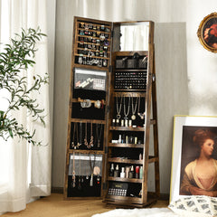 Armario Joyero Giratorio a 360° con Espejo Entero Organizador Joyas con Espejo para Maquillarse Café 38 x 38 x 161 cm
