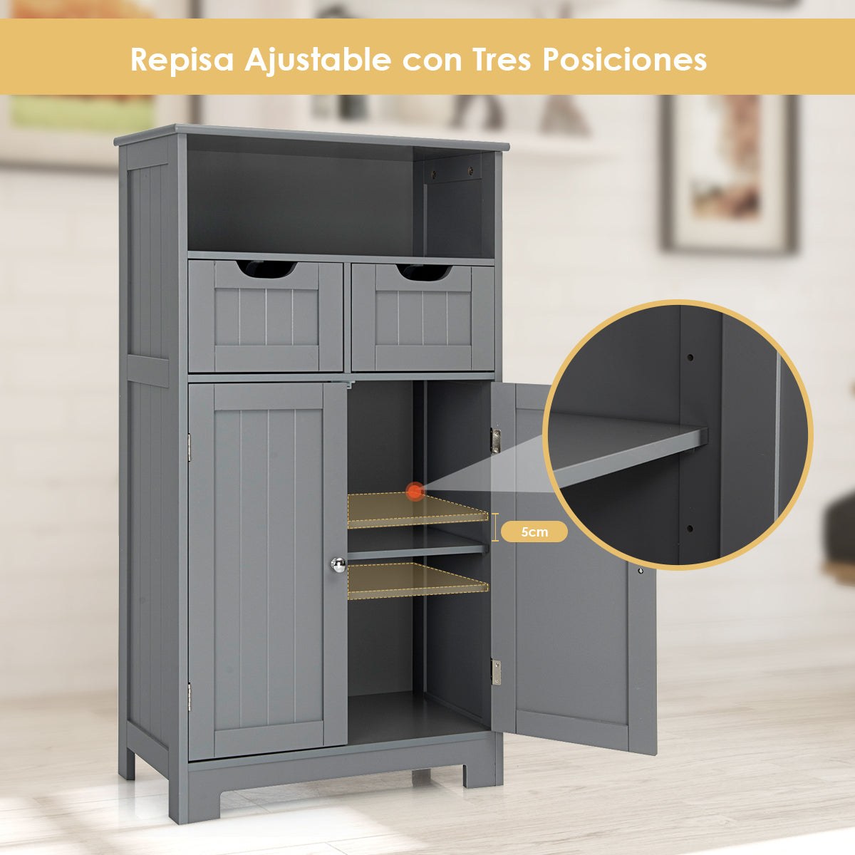 Armario del Baño con una Repisa Abierta 2 Puertas y 2 Cajones para Salón Baño Habitación Casa Oficina Gris 60 x 30 x 109 cm