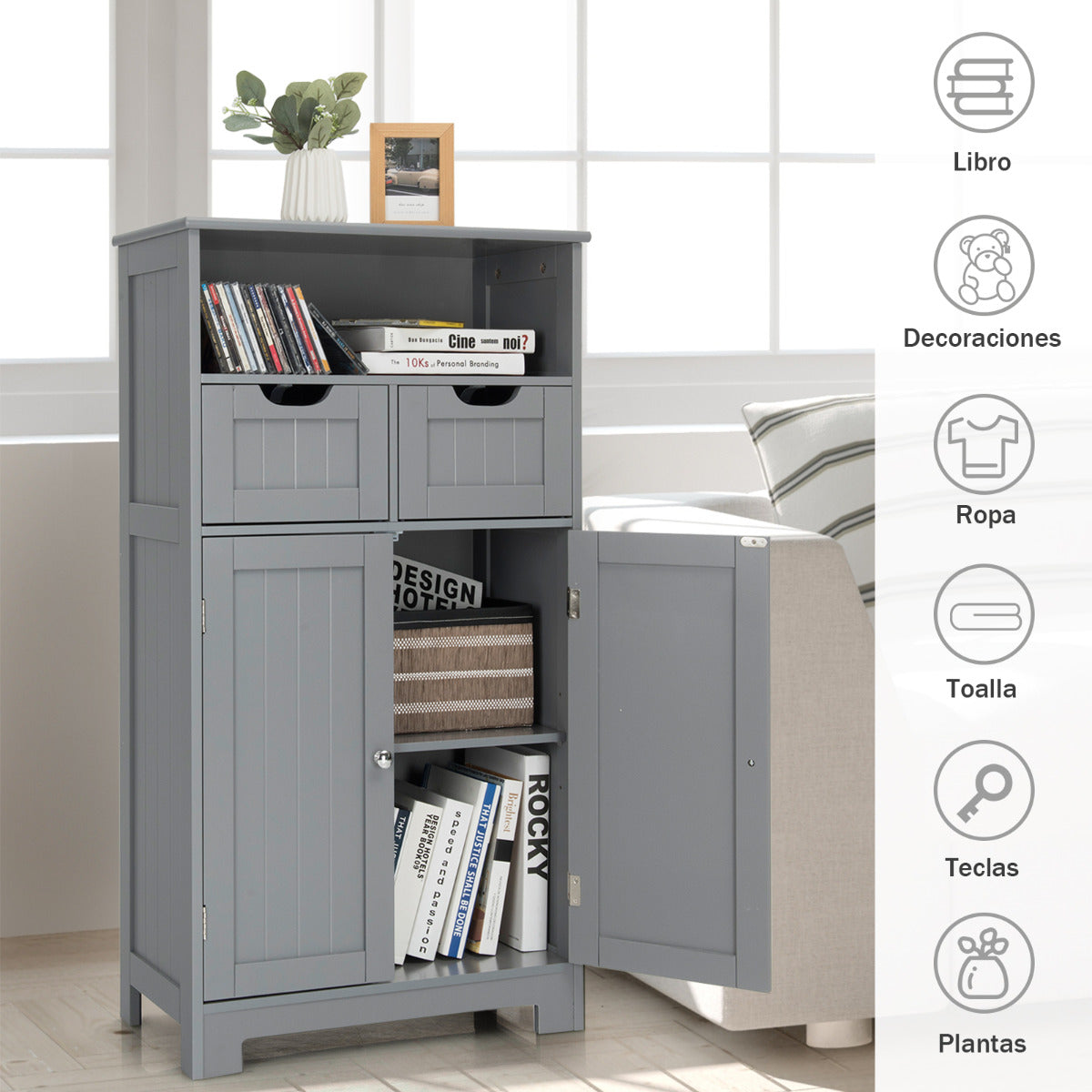 Armario del Baño con una Repisa Abierta 2 Puertas y 2 Cajones para Salón Baño Habitación Casa Oficina Gris 60 x 30 x 109 cm