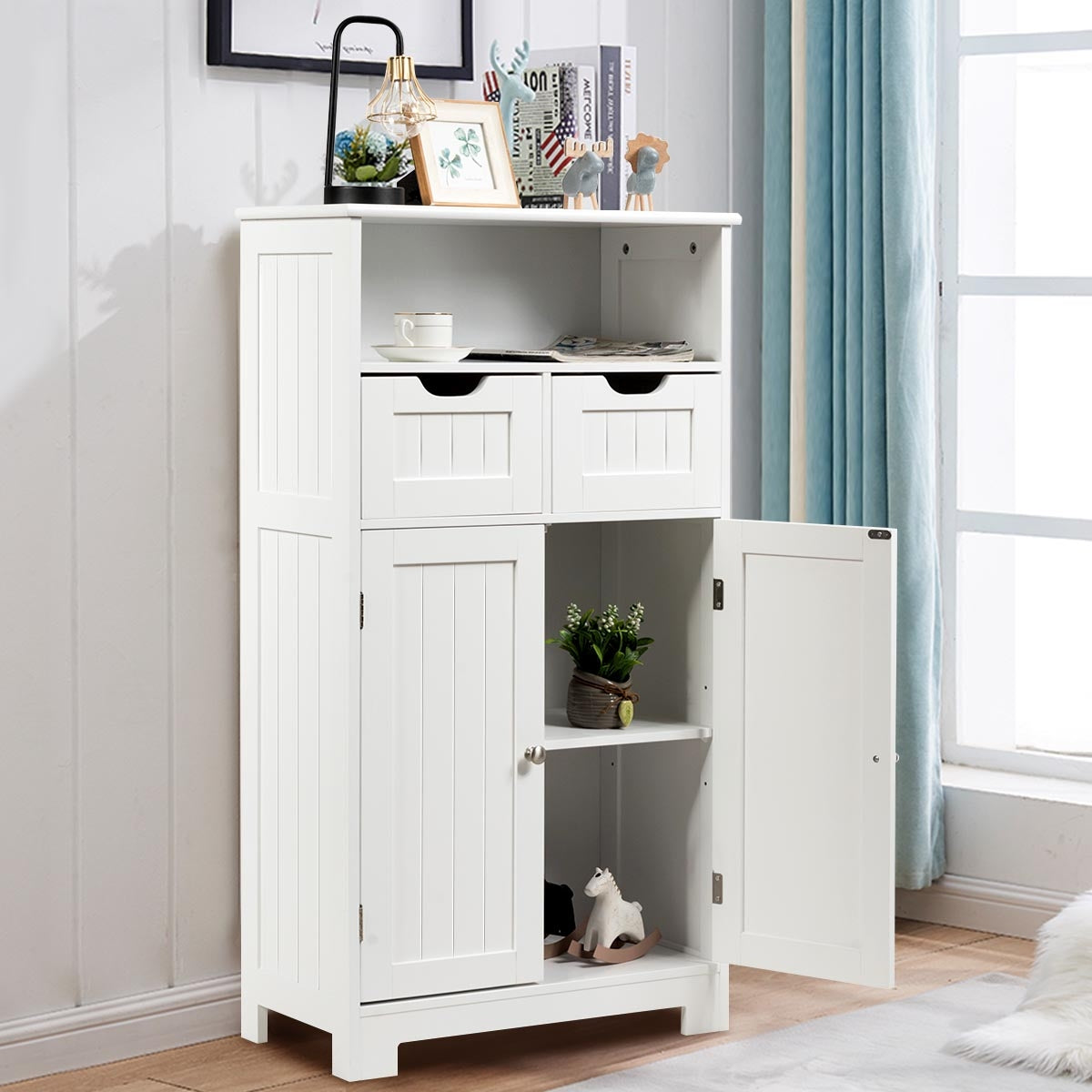 Armario del Baño con una Repisa Abierta 2 Puertas y 2 Cajones para Salón Baño Habitación Casa Oficina Blanco 60 x 30 x 109 cm