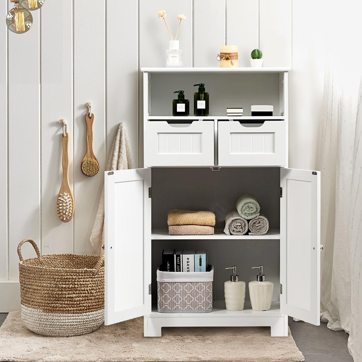 Armario del Baño con una Repisa Abierta 2 Puertas y 2 Cajones para Salón Baño Habitación Casa Oficina Blanco 60 x 30 x 109 cm
