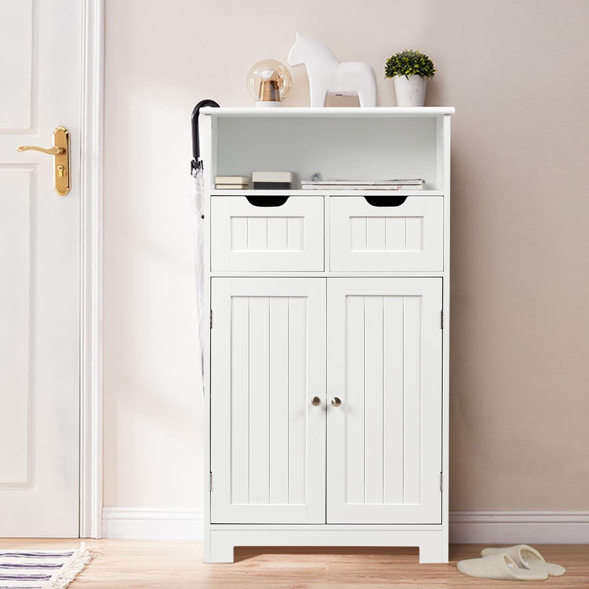 Armario del Baño con una Repisa Abierta 2 Puertas y 2 Cajones para Salón Baño Habitación Casa Oficina Blanco 60 x 30 x 109 cm