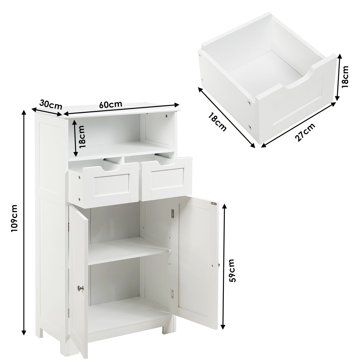 Armario del Baño con una Repisa Abierta 2 Puertas y 2 Cajones para Salón Baño Habitación Casa Oficina Blanco 60 x 30 x 109 cm
