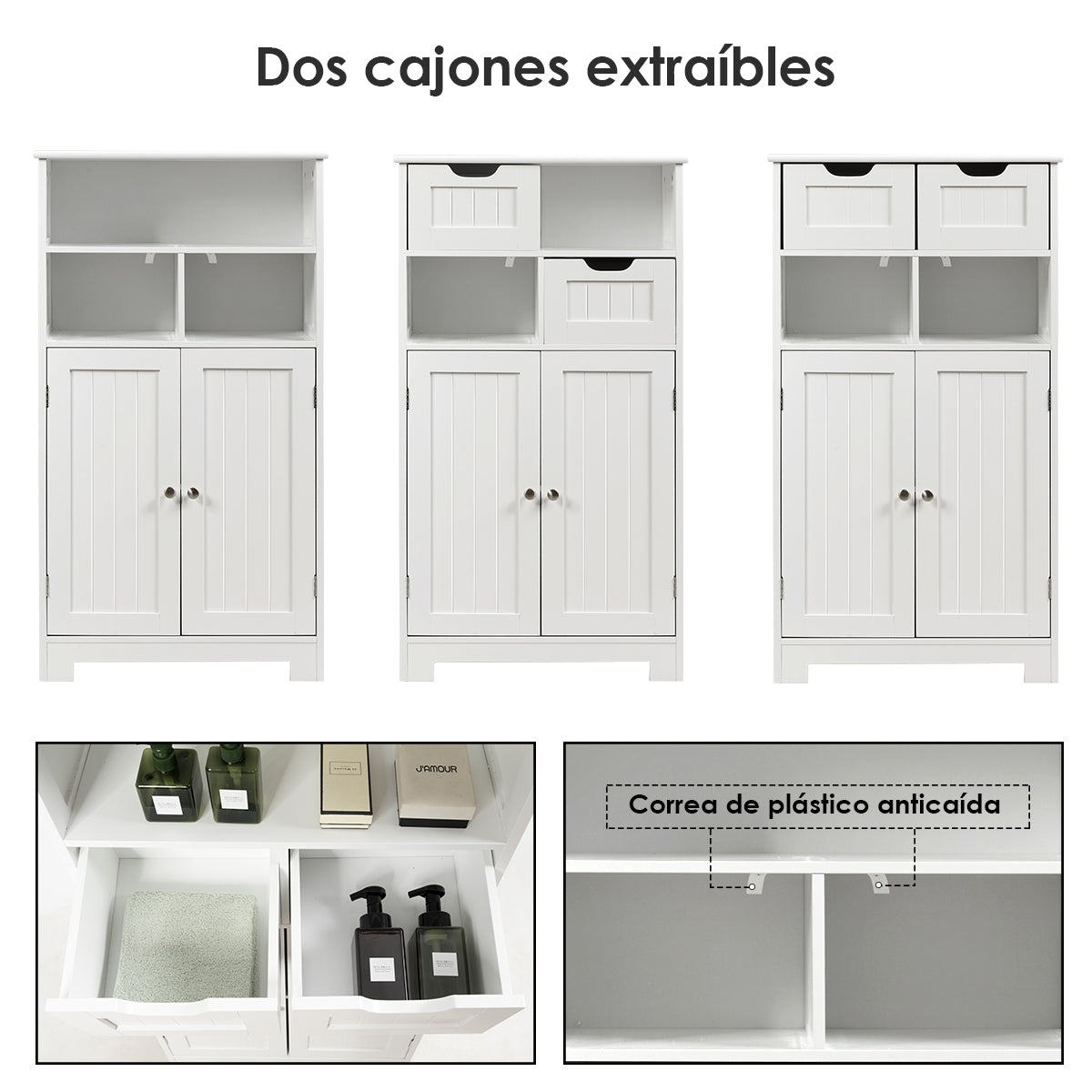Armario del Baño con una Repisa Abierta 2 Puertas y 2 Cajones para Salón Baño Habitación Casa Oficina Blanco 60 x 30 x 109 cm